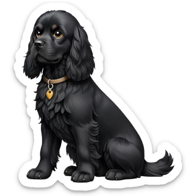cinematic-[black cocker spaniel dog]-realistic-full-body-sitting-emoji,-tail-resting-loosely-beside-its-paws,-head-tilted-dramatically,-scruffy-[solid black]-fur,-simplified-yet-realistic-focused-features,-highly-detailed,-glowing-with-an-almost-sarcastic-glow sticker