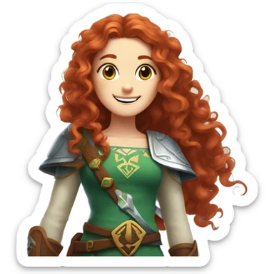 a white girl with long red curly hair and freckles, cosplaying Zelda posing and smiling sticker