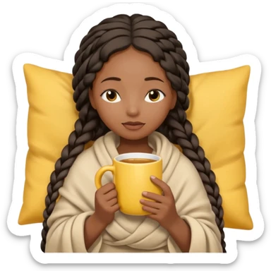 black girl with long braids, light bow in hair, wrapped in light beige blanket, eyes closed, holding a yellow mug, cozy cute emoji style sticker