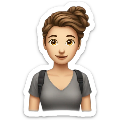 European Girl with brown hair up to shoulder, social media manager, with phone or laptop, camera sticker