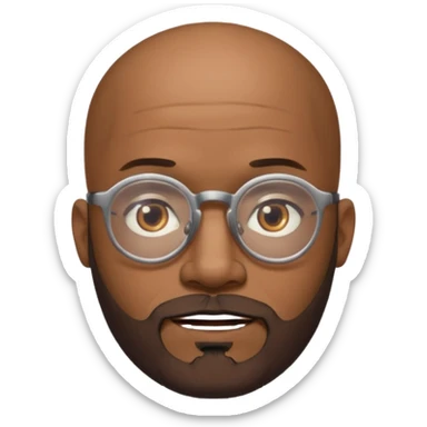African american male, bald, salt and pepper beard. Round face, glasses sticker