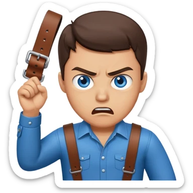 A brunette man with blue eyes, holding a belt in his hand and his expressions look angry sticker