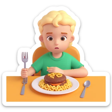 A stylized 3D character of a 6-year-old child sits at a table, looking bored at a plate of macaroni and a meat patty, absentmindedly poking the macaroni with a fork. sticker