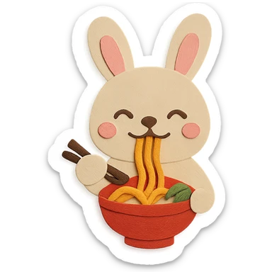 beige bunny happily slurping noodles in paper-craft style sticker