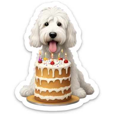 Shaggy large White Goldendoodle eating birthday cake  sticker