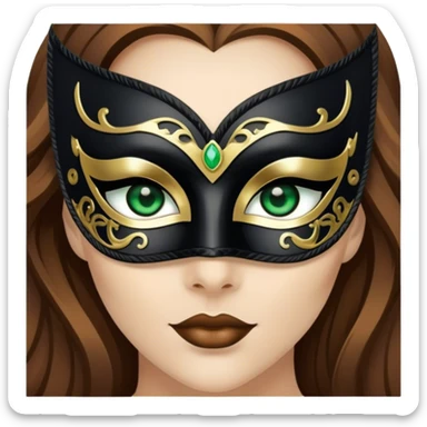 Greeneyed Woman with long brown hair wearing Black venetian mask sticker