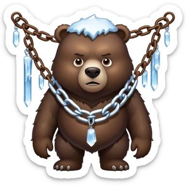 Intimidating dark brown bear on four legs with heavy ice chain around neck, frozen chain links with icicles, serious expression sticker