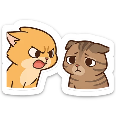 Cat meme expression, a yellow cat is angry and fierce to another tabby cat, the tabby cat looks aggrieved with its ears down sticker