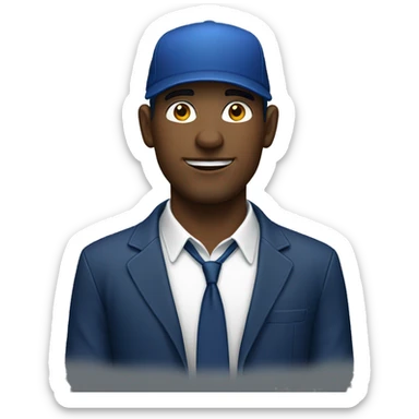 a white man with earrings in both ears, dark blue hat backwards, using his laptop sticker
