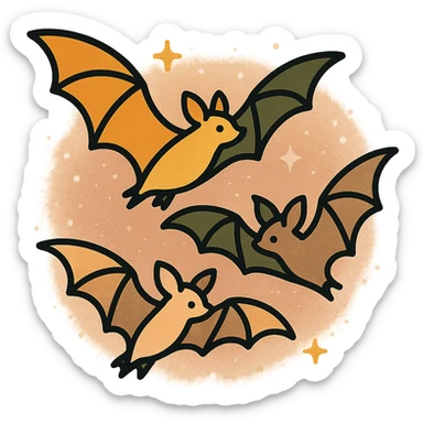 A group of flying bats in mid-air, illustrated in a stylized, artistic way using a warm, earthy color palette: golden orange (FA9B41), deep forest green (4A7C5C), muted taupe brown (96775A), and soft pastel peach (FFCC9A). The bats have sleek wings with subtle color gradients, and their bodies are small and streamlined, featuring elegant silhouettes. The sky around them has a magical, twilight glow with faint sparkles or mist, enhancing the enchanted atmosphere. The overall style is whimsical and soft, with a balance between natural and fantastical elements. sticker