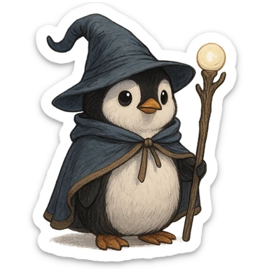 a penguin dressed as a wizard, with a pointy hat and a magic staff, cute, detailed character illustration sticker