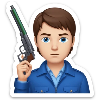 guy w medium long brown hair and blue eyes with gun pointed up at his chin sticker