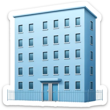 light blue rectangular 9-story apartment building surrounded by fence, closed courtyard, minimal flat vector icon, friendly clean design sticker