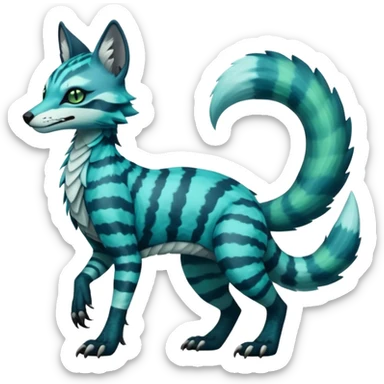 zig-zag-patterned striking blue-cyan-minty-green-gradiented with dark undertones, white underside, thunderous stormy edgy badass realistic Vernid-Sergal-Genet-Trico-species by LiLaiRa, full body sticker