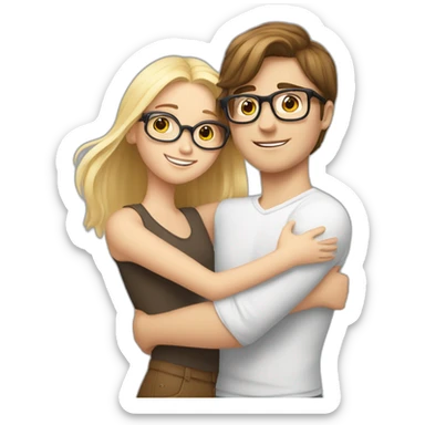 white boy with brown hair and glasses hugs a blonde girl sticker