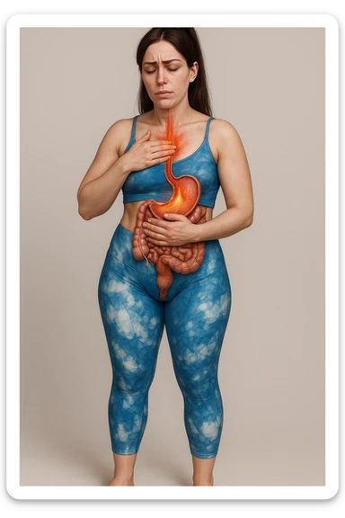 Realistic anatomical illustration of a woman in sportswear inspired by the reference photo, with one hand on her chest and one on her belly, expression of heartburn. Highlight esophagus, stomach, and involved organs, neutral background. sticker