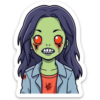 girl zombie with black long hair with teeth and serious face sticker
