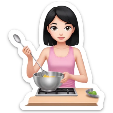 girl with black hair and black eyes white tone skin wearing pink pastel tanktop, and holding a silver bowl cooking or mixing something sticker
