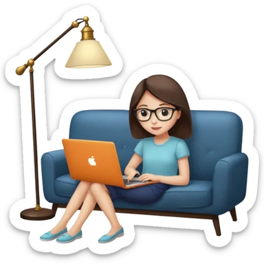 A girl is working with a laptop while lying on a sofa, with a floor lamp to the right. sticker