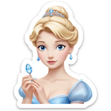Cinematic Realistic Cinderella Portrait, depicted with lifelike skin texture, subtle rosy undertones, and soft natural lighting that enhances the gentle contours of her face. Her intricately detailed golden blonde hair is elegantly styled in an updo, with delicate wisps framing her face. Her deep, expressive blue eyes radiate warmth and sincerity, reflecting a quiet resilience and grace. She holds a glass slipper gently in one hand, her other hand resting gracefully at her side, emphasizing the timeless beauty of the moment. She is dressed in her iconic ball gown, the fabric shimmering with intricate embroidery and fine translucent layers that catch the light beautifully. The soft sheen of satin gloves adds a magical touch to her graceful pose. The portrait features an enchanting glow with a natural, luminous finish, seamlessly blending realism and fairytale charm to evoke a sense of depth, elegance, and timeless beauty. sticker