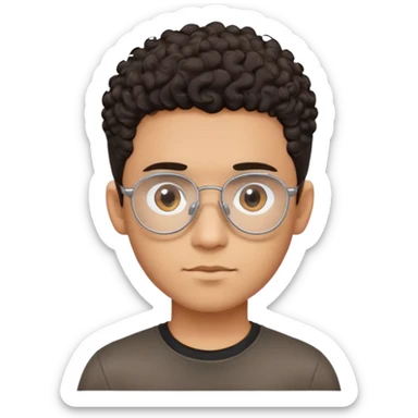 Young Latino male with small oval face, prominent forehead, aviator eyeglasses with metal frames, completely shaved sides with minimal dark curly hair on top only, gentle neutral expression, brown skin tone, simple black t-shirt sticker