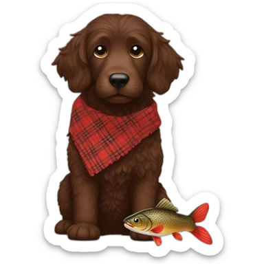 Chocolate brown colored doodle with a red and black flannel hankerchief holding a plush trout fish chew toy sticker