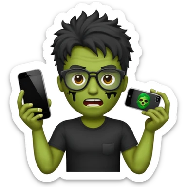 Crie um zumbi estilo emoji do iPhone com cabelo ondulado masculino com camiseta preta e óculos de grau preto sticker