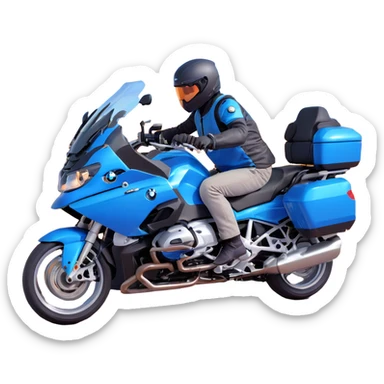 blue BMW RT1200 touring motorcycle with rider on open road sticker
