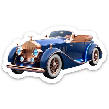 dark blue led lights on a streamlined hot rodded delicately inlaid rose gold and wood accentuated sporty 1889 Rolls Royce with futuristic electric spaceship plasma neon glowing motors and lightening dynamos with wide racing wheels that are held strong by advanced suspension and steering sticker