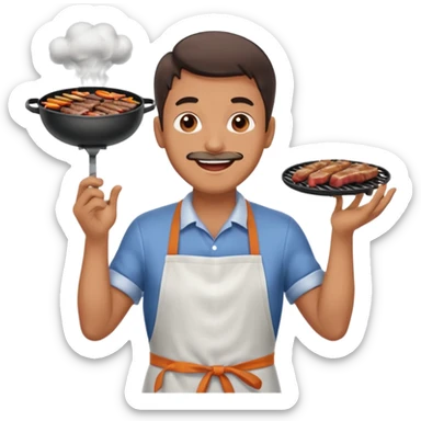 A cheerful man in an apron flipping meat on a sizzling grill with smoke puffing upward. sticker