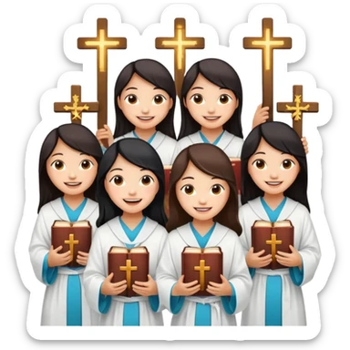 eight asian girls holding bibles and crosses and laughing to each other sticker