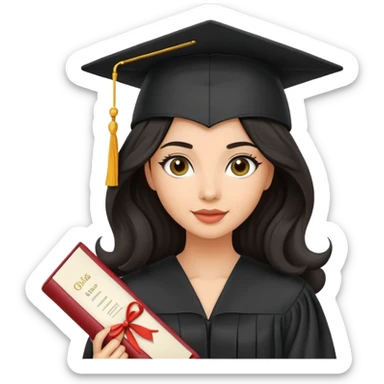 beautiful olive-skinned woman with wavy black hair wearing graduation cap and gown, holding diploma sticker