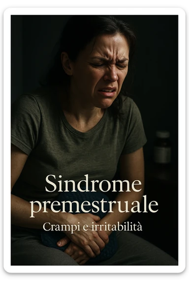 realistic and cinematic image of a woman with severe cramps and irritability from premenstrual syndrome, realistic details, clinical dramatic lighting, Italian captions, vertical 2:3 format sticker