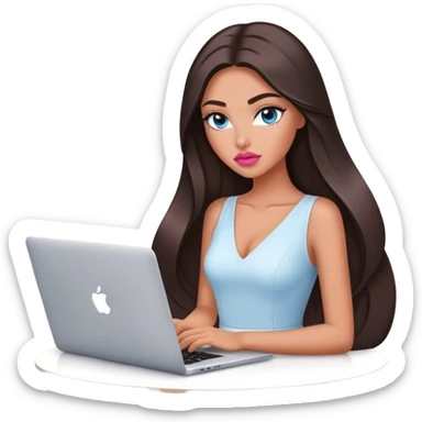 Glamours tanned very beautiful girl with pump natural rose peach lips and dark chocolate straight smooth long hair, blue-grey eyes with MacBook sticker