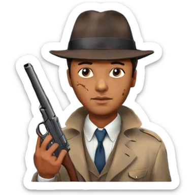 Icon for Detective Movie: A vintage movie poster-style design featuring a close-up of a detective with a gun on a dark London street under the full moon. The scene includes faint traces of blood on the asphalt, hinting at a murder. Retro cinematic typography. Transparent background. sticker
