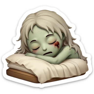 Meme-Worthy Cute Sleeping Zombie Portrait Emoji, with a delightfully quirky, slightly disheveled decaying face in soft ashen hues, head tilted back in peaceful, relaxed sleep with softly closed eyes and a tiny, endearing smile, simplified yet irresistibly charming, highly detailed with a soft eerie glowing outline that captures the gentle, unexpected cuteness of a zombie in serene repose! sticker