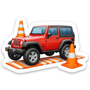 red Jeep Wrangler running over an all-white traffic cone with no stripes or markings, tire contact visible, emoji style sticker