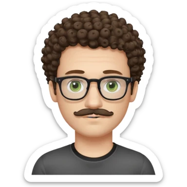 Light brunette curly haired young man with pale skin and glasses. Eyes are greenish grey and he has a moustache. Black t-shirt. sticker