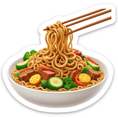 Cinematic Realistic Mie Goreng Dish Emoji, featuring stir‚Äêfried noodles with vegetables and meat rendered with dynamic textures and warm, appetizing lighting. sticker