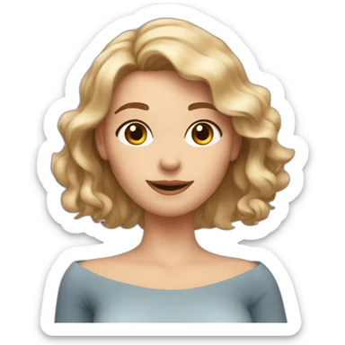 "Generate an avatar of a white woman with shoulder-length wavy hair, wearing an off-shoulder top, and making this gesture 🫶🏻." sticker