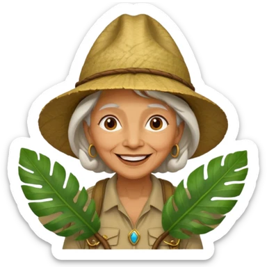 a old woman explorer with jungle wearing a large leaf headgear bye  sticker