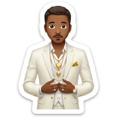 Ralph Tresvant with dark brown hair, white suit jacket, shirtless with necklace sticker