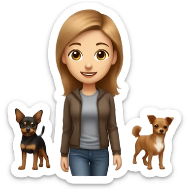 A light brown haired girl, walking a miniature Pinscher and a light brown Finnish lapphund sticker