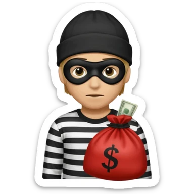 robber wears black eye mask, black beanies and black and white stibes shirt with one brown money bag beside him sticker