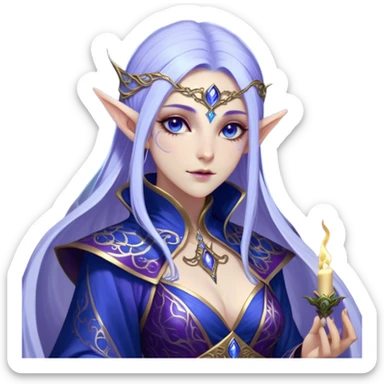 Cinematic Realistic WoW Elf Mage Portrait, depicted with ethereal, otherworldly beauty and refined arcane mastery. Clad in an intricately detailed robe in consistent deep blues and purples accented with shimmering gold filigree, her luminous, porcelain-like skin and delicate features evoke timeless elegance. Her piercing, mystical eyes radiate ancient wisdom, rendered with lifelike texture and subtle, magical lighting, high shine, noble and majestic, capturing the essence of a legendary elven sorceress. sticker