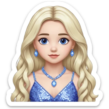 Sabrina Carpenter with long platinum blonde hair, periwinkle sequin dress and necklace sticker