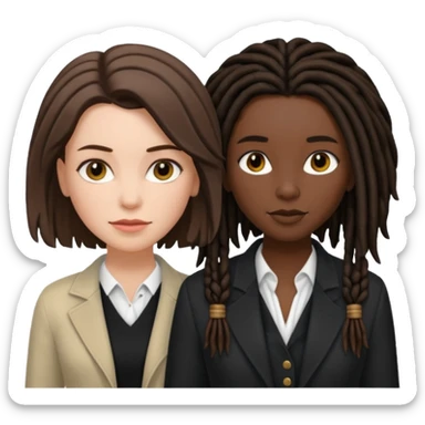 white woman brunette with short hair feminine clothes. And black woman with long dread locks with more masculine clothes sticker