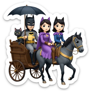  Rustic wood detailed 1854 Batman driving and pretty dark-haired Catgirl riding a horse drawn family-size Caravan alone together on a romantic trail in the woods  sticker