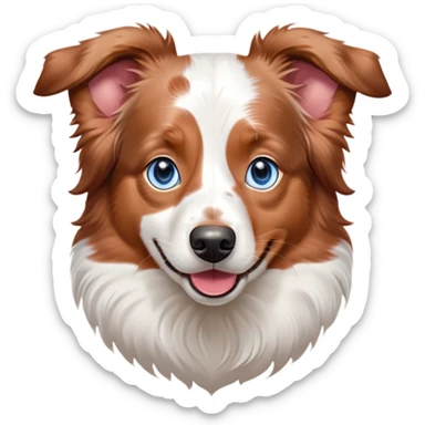 Cinematic Cute Predominantly White Red Merle Australian Shepherd Portrait Emoji, Head tilted playfully and inquisitively, predominantly white fur with vibrant red merle patches, round, sparkling blue eyes filled with curiosity, Simplified yet irresistibly adorable features, highly detailed, glowing with a warm, friendly glow, high shine, affectionate and lively, stylized with a touch of whimsy, bright and endearing, soft glowing outline, capturing the essence of a mischievous yet loving pup, so playful it feels like it could bound out of the screen and into your arms! sticker