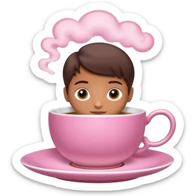 A pink teacup filled with tea, placed on a matching pink saucer, with gentle steam rising from the cup. Soft lighting, cozy and warm atmosphere sticker